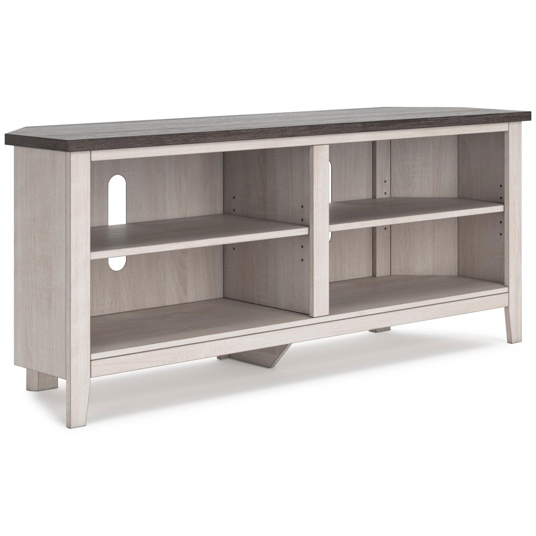 Dorrinson Two-Tone Antique White Corner TV Stand angled side view