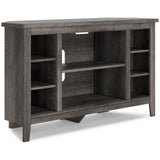 Arlenbry Large Gray Solid Wood Corner TV Stand with Cabinet - side angle view