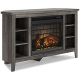 Arlenbry Large Gray Solid Wood Corner TV Stand with Fireplace close-up side view