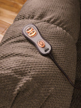 Close-up of Drakestone Brown polyester rocker recliner upholstery and controls