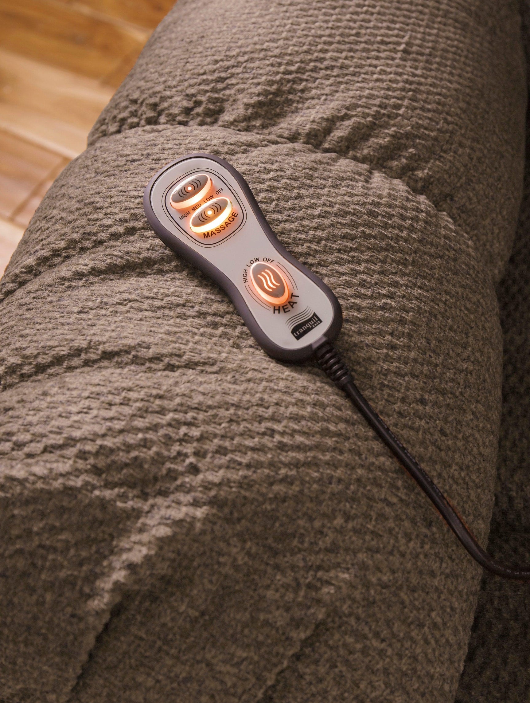 Close-up of Drakestone Brown polyester rocker recliner upholstery and controls