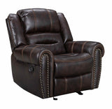 Side view of Lexington2023 brown faux leather gel reclining sofa