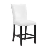Side angle view of Finley white marble counter height dining table with six chairs