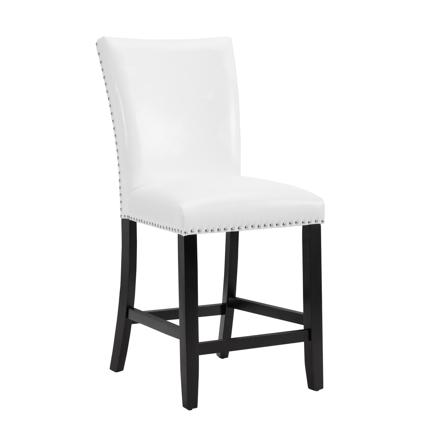 Side angle view of Finley white marble counter height dining table with six chairs