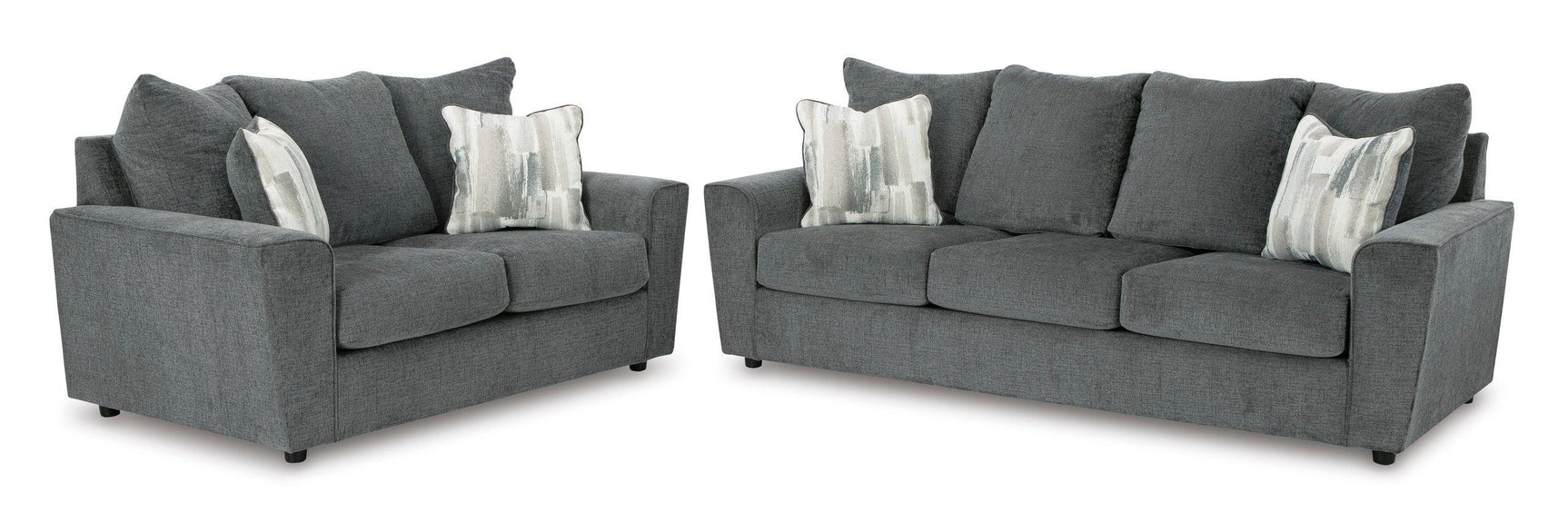 Side view of Ashley Gravel Fabric Upholstered Sofa Loveseat set