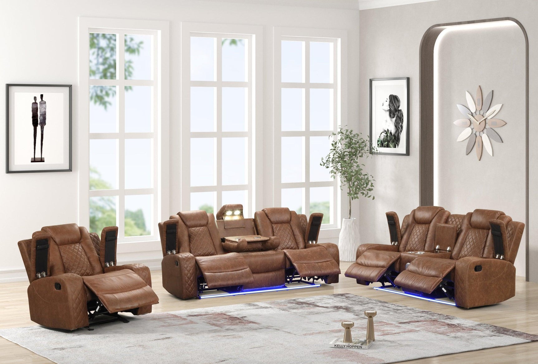 Close-up of Luz Tan loveseat with Bluetooth speaker and armrest storage