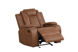 Detail of tan faux leather upholstery on Luz reclining set