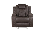 Recliner showing chocolate faux leather upholstery and recline mechanism