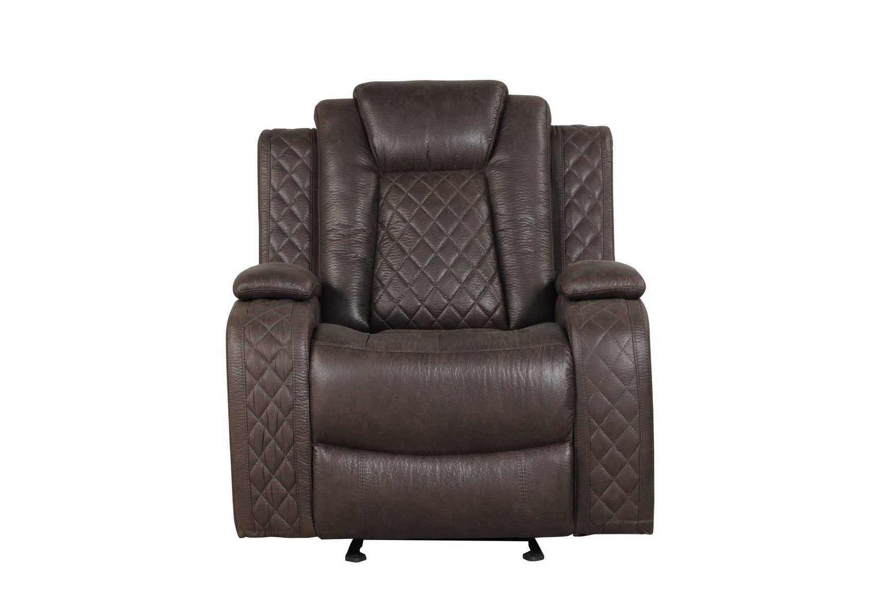 Recliner showing chocolate faux leather upholstery and recline mechanism
