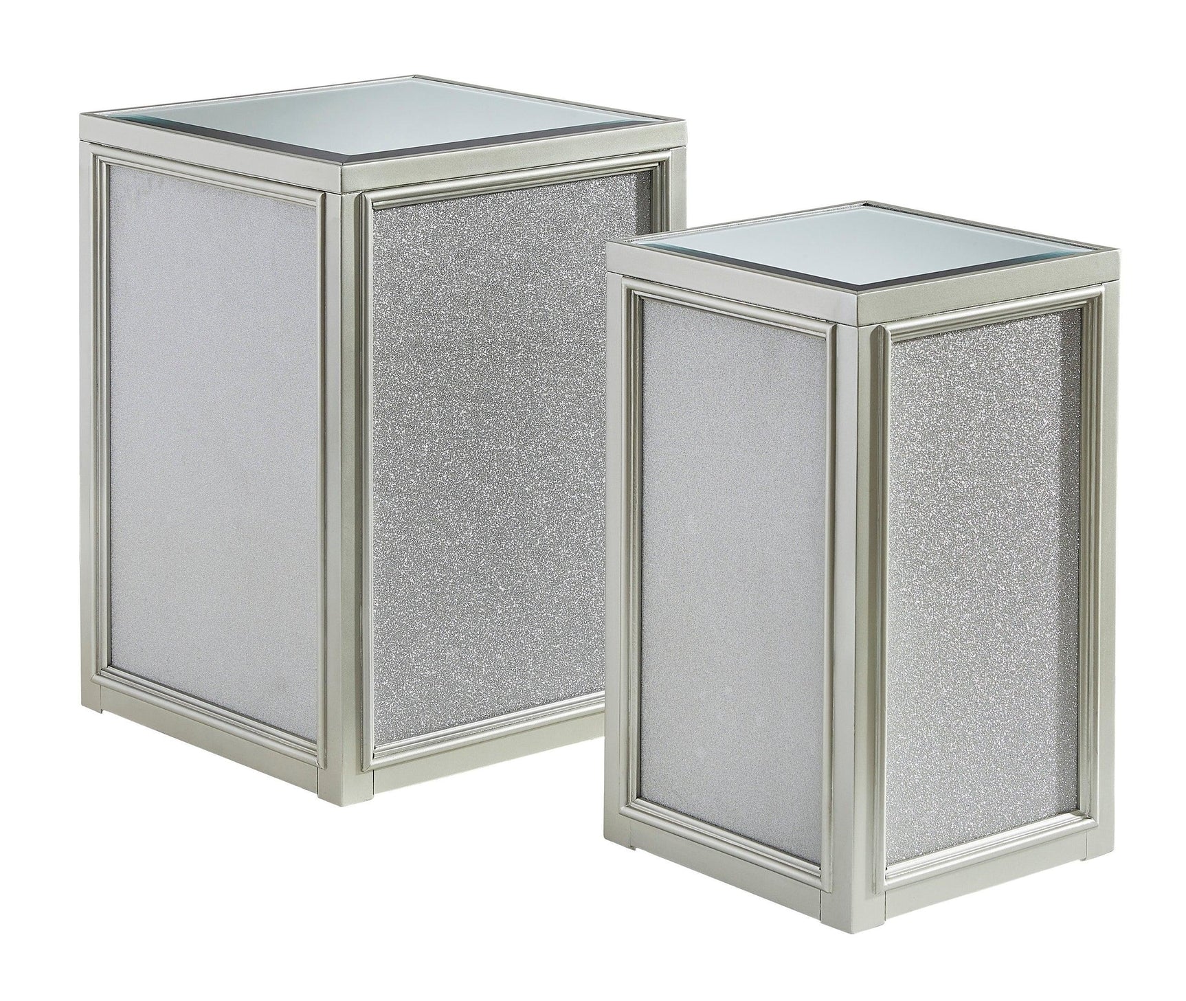 Close-up of Traleena nesting tables with mirrored glass and silver finish