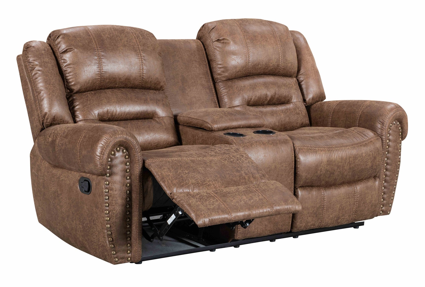 Side view of reclining loveseat in brown Palomino upholstery