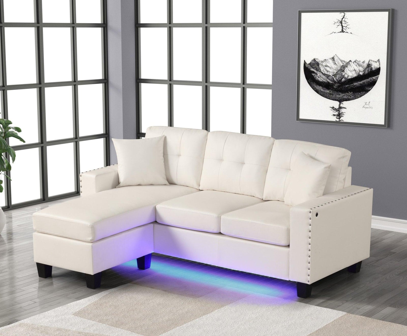 main view of Messi White Pu Faux Leather Tufted Reversible Sectional sectional sofa