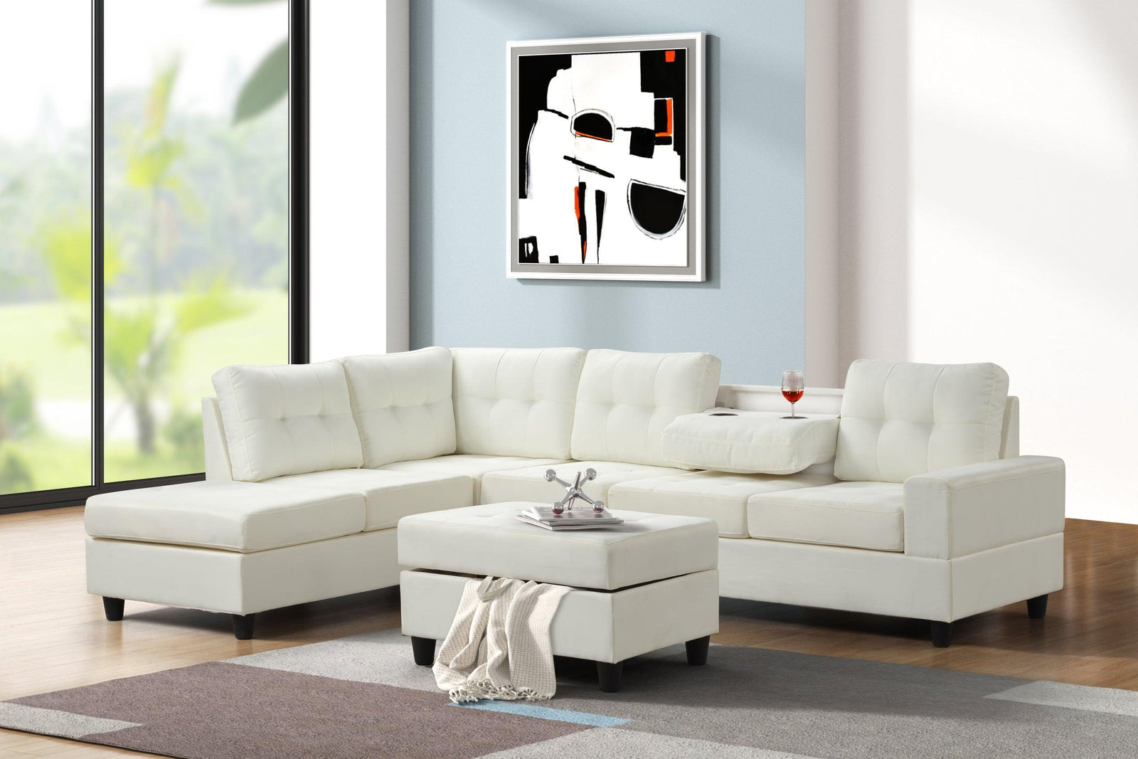 main view of Heights Off White Upholstered Tufted Reversible Sectional Storage Ottoman Set sectional sofa