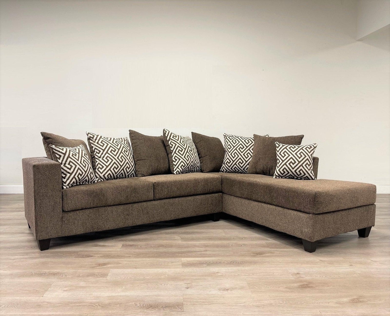 Hollywood Mocha Modern Contemporary Solid Wood Thick Fabric Chenille Upholstered Sectional - Ella Furniture