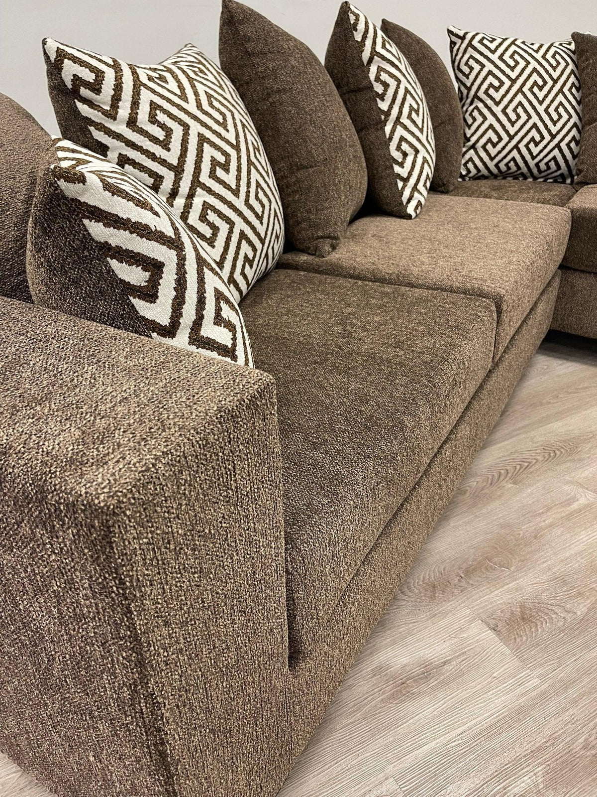 Hollywood Mocha chenille upholstered sectional sofa side view