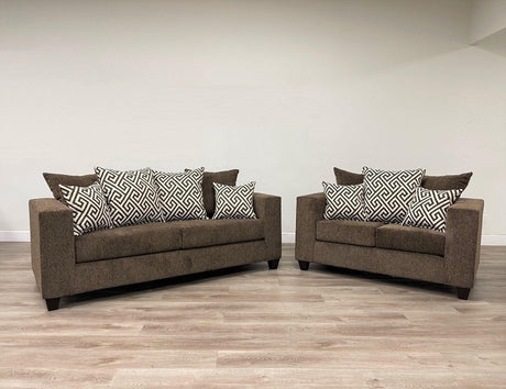 Mocha fabric upholstered sofa and loveseat set front angle