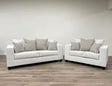 Stone thick fabric upholstered sofa and loveseat set front angle