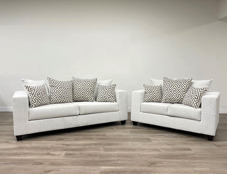 Stone thick fabric upholstered sofa and loveseat set front angle