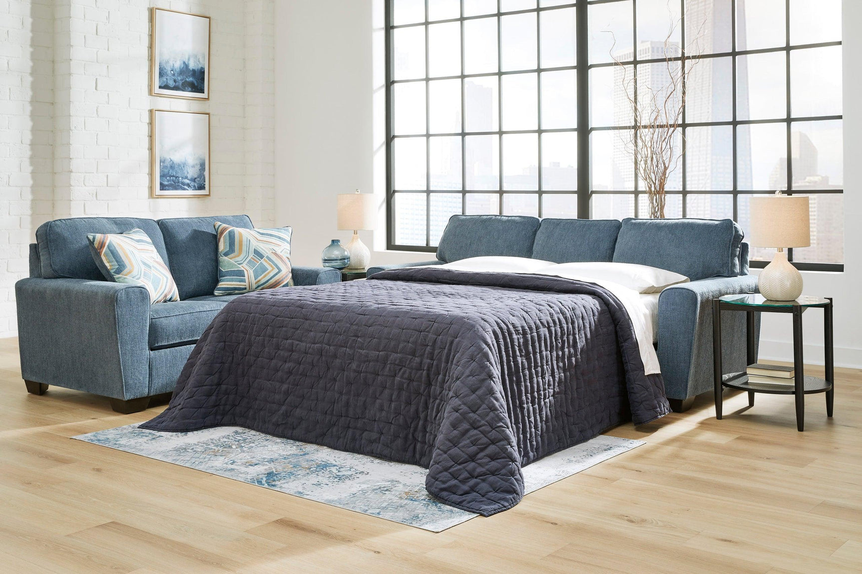 Blue Modern Contemporary Faux Wood Fabric Polyester Upholstered Queen Sofa Sleeper - Ella Furniture