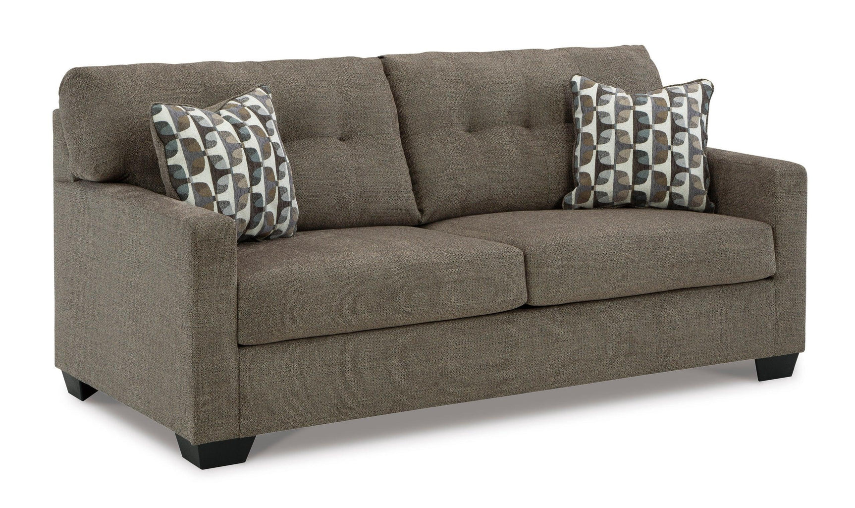 Side angle of chocolate tufted full sofa sleeper with faux fabric upholstery