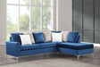 Cindy blue velvet sectional sofa with nailhead trim displayed from front angle