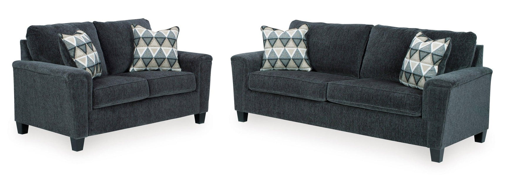 Ashley Smoke Fabric Upholstered Loveseat side angle view
