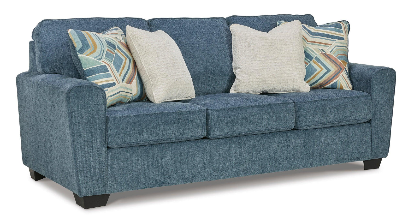 Ashley Blue Fabric Upholstered Loveseat side view featuring upholstery and frame details