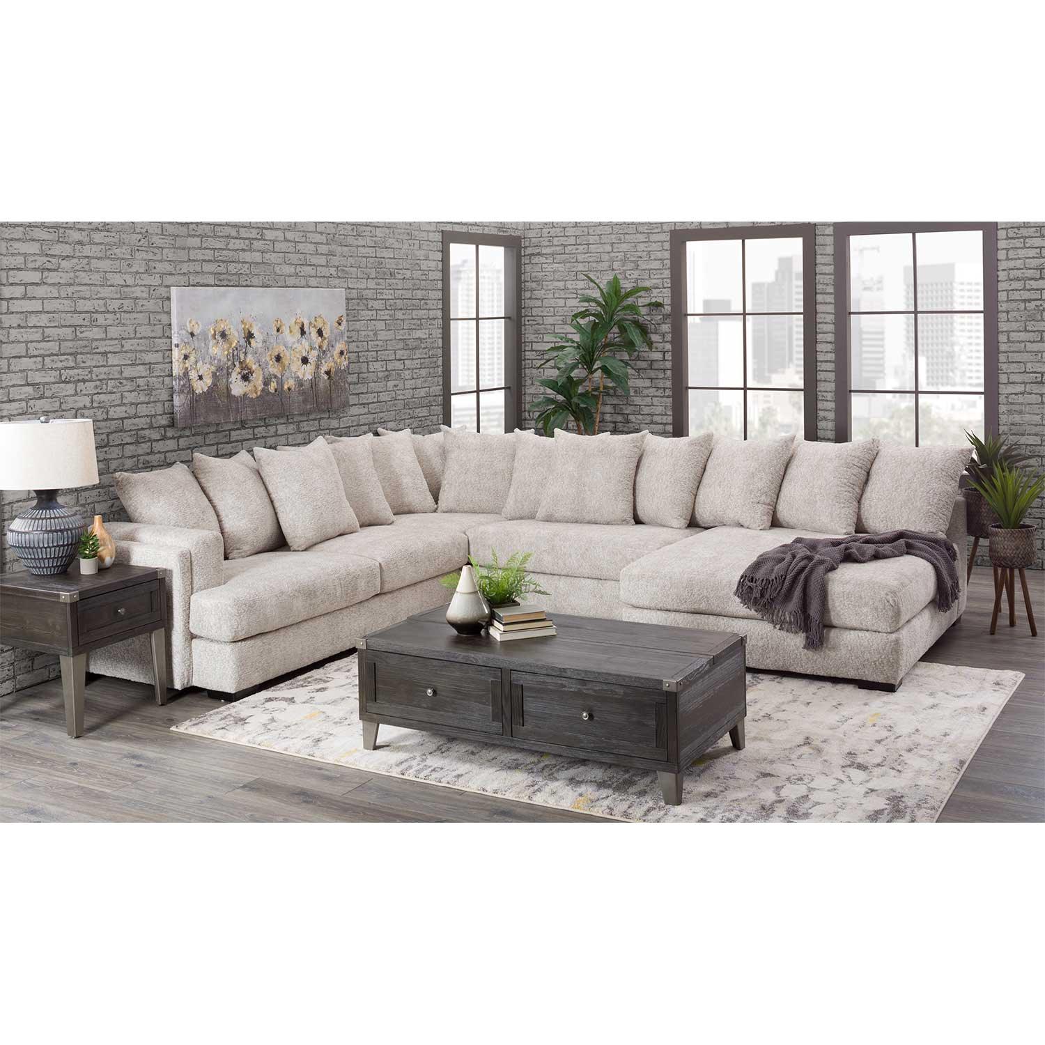 main view of sand gray fabric upholstered oversized sectional sofa