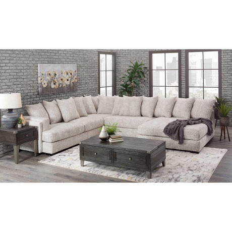 main view of sand gray fabric upholstered oversized sectional sofa