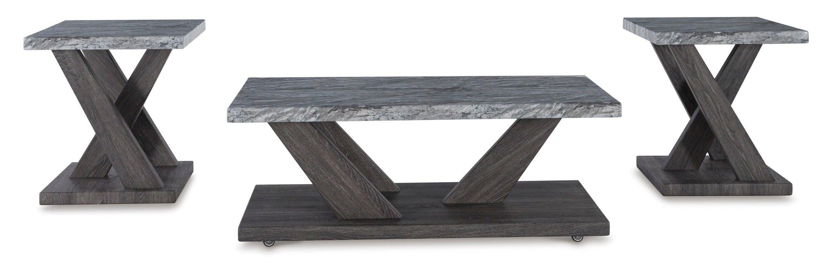 Matching end table with faux gray marble top and weathered gray wood grain legs