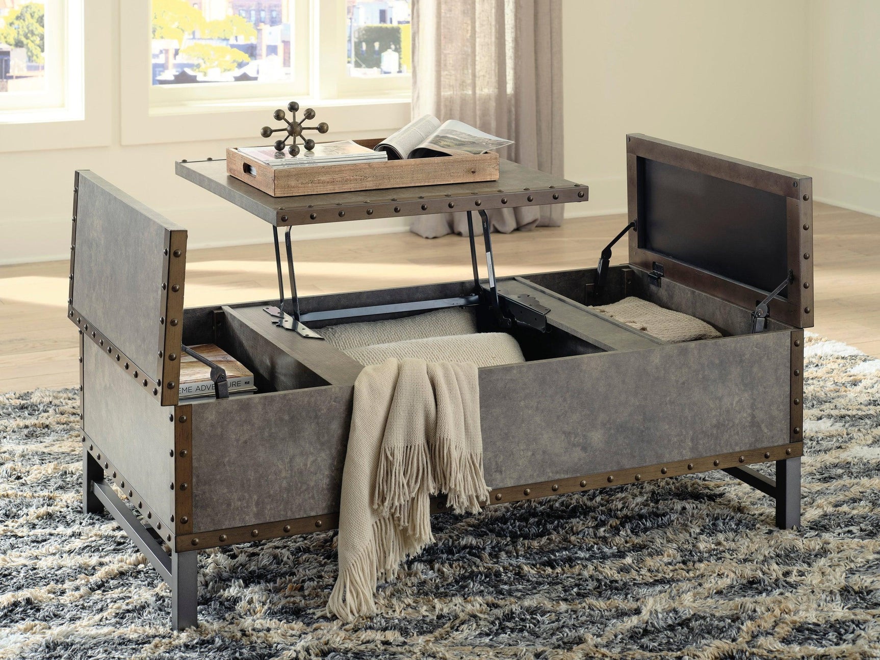 Jim Brown brown lift top rectangular storage cocktail table - side angle