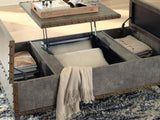 Jim Brown brown lift top rectangular storage cocktail table - lift top open showing storage