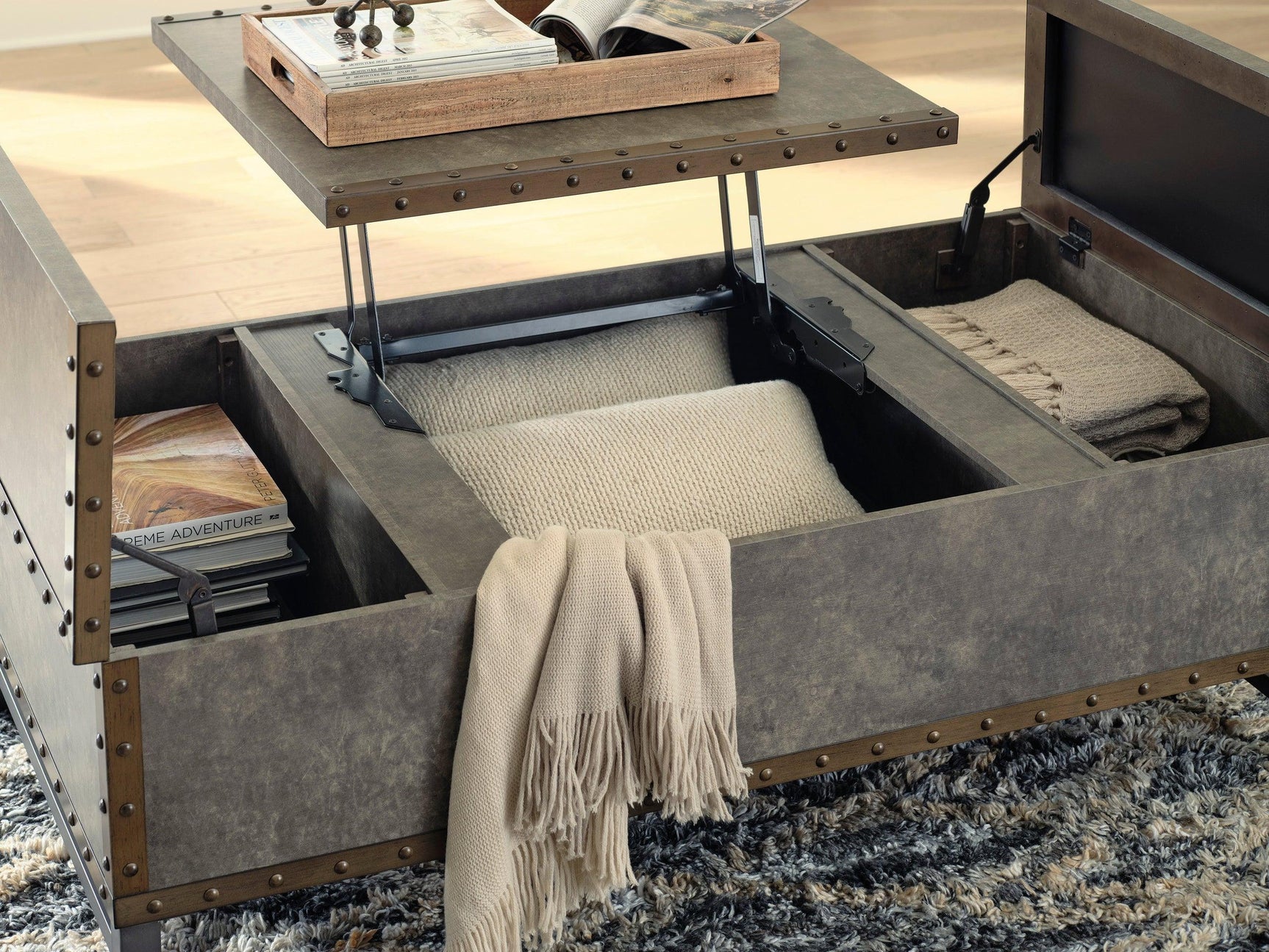 Jim Brown brown lift top rectangular storage cocktail table - lift top open showing storage
