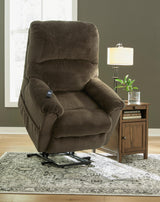 Chocolate fabric power lift recliner front view