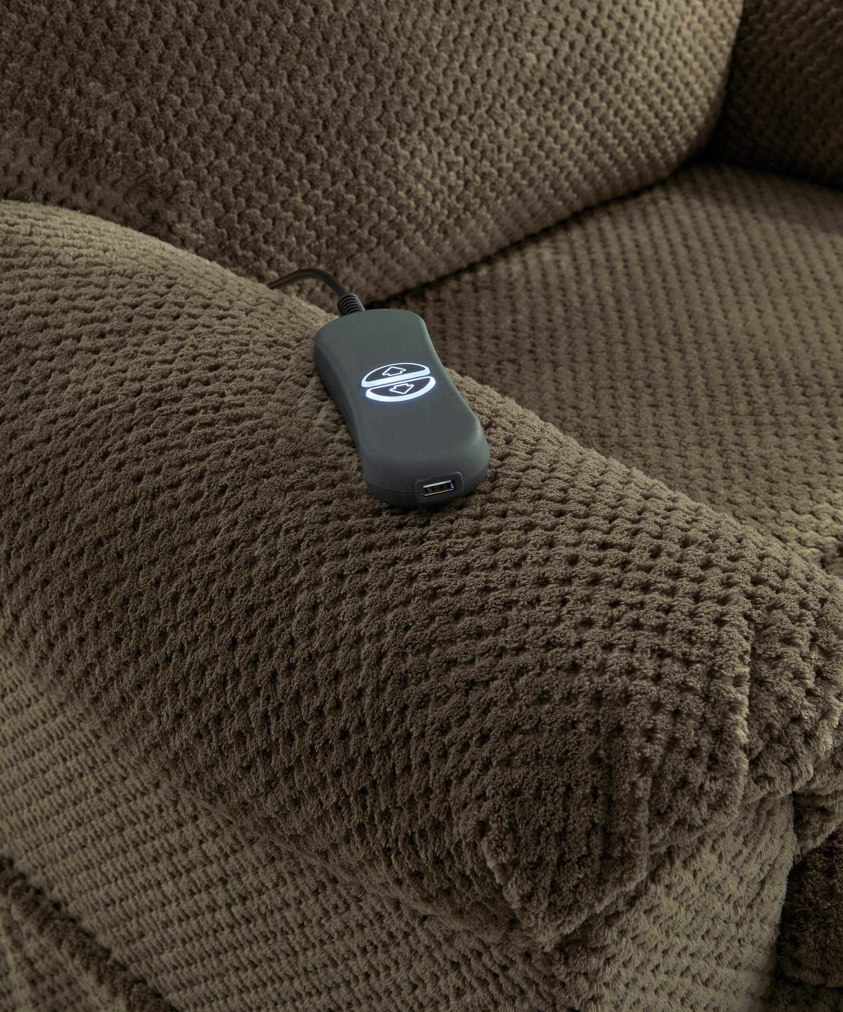 Chocolate fabric power lift recliner side view