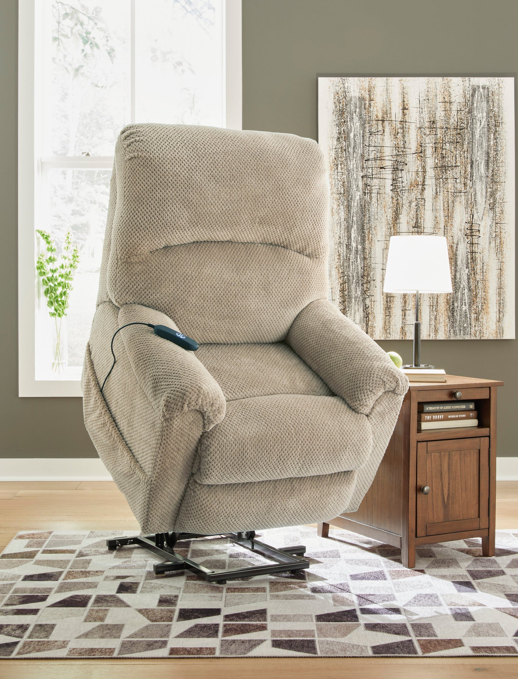 Side view of Saffe Toast Power Lift Recliner with extended footrest