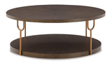 Hugh round cocktail table showing fixed lower shelf in dark brown ash veneer