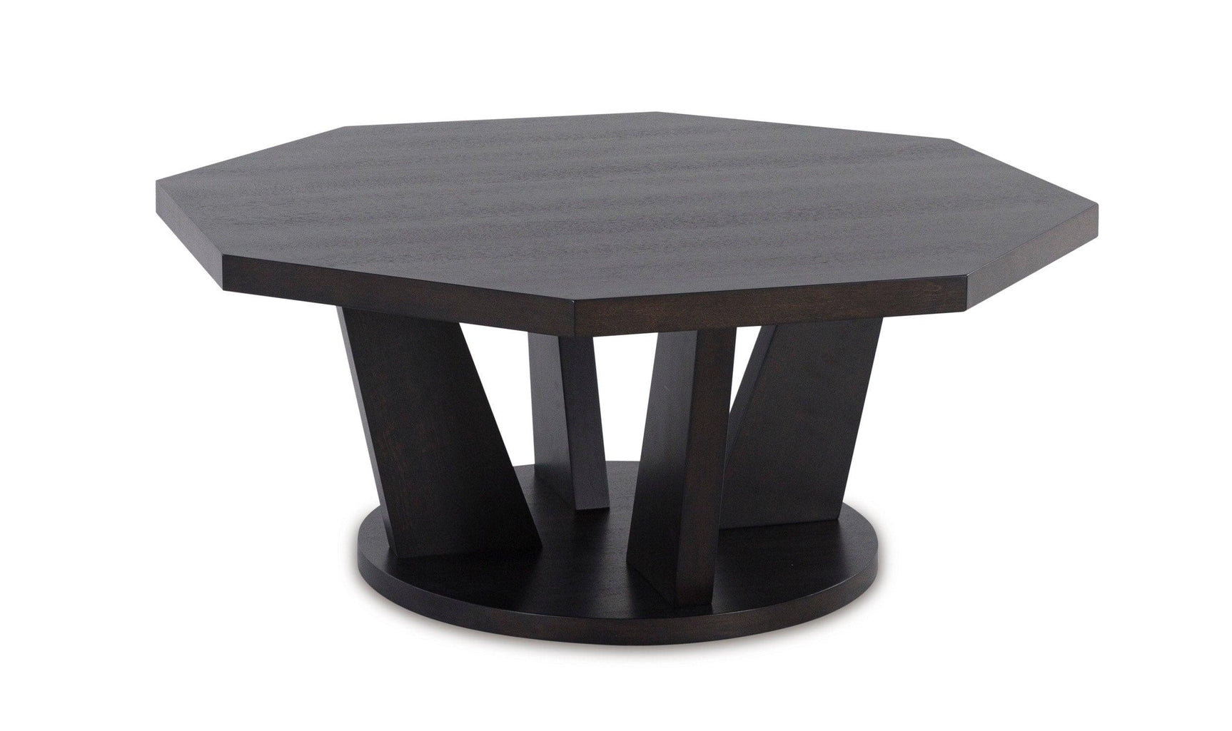 Loma cocktail table displaying dark espresso finish and round plinth bases