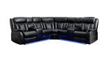 Side angle showing LED light strip and reclining feature on black leather gel sectional