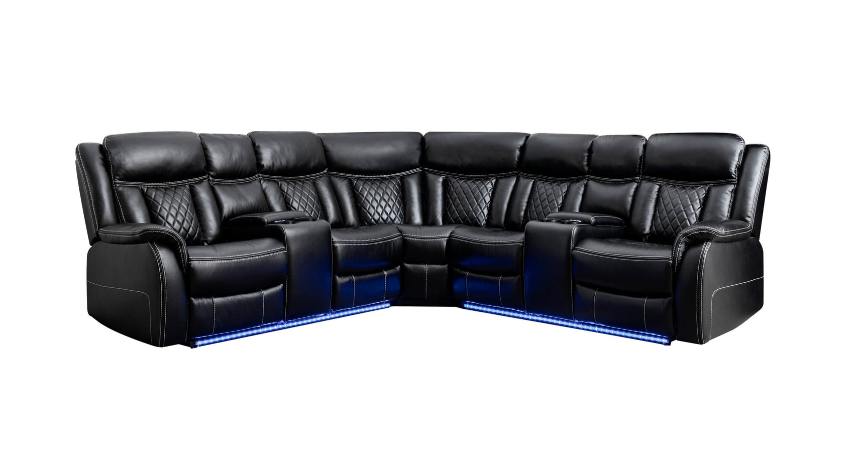Side angle showing LED light strip and reclining feature on black leather gel sectional