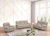 Stone-colored loveseat with storage console and power outlets, side angle