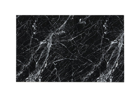 Detail of black faux marble table top and velvet chairs