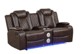 Luz Brown Reclining Set showing illuminated footrests and arm storage