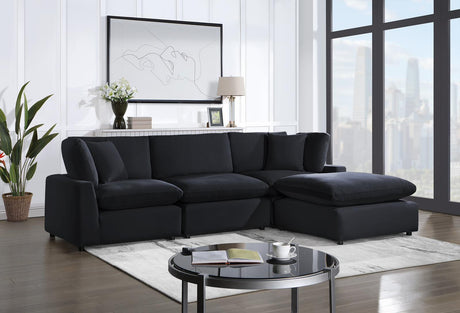 Front angle of Sky Black Velvet Modular Sectional sofa showing velvet upholstery