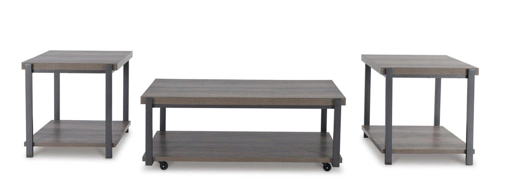Wilmaden Occasional Table Set with cocktail and two end tables in gray and black, side view
