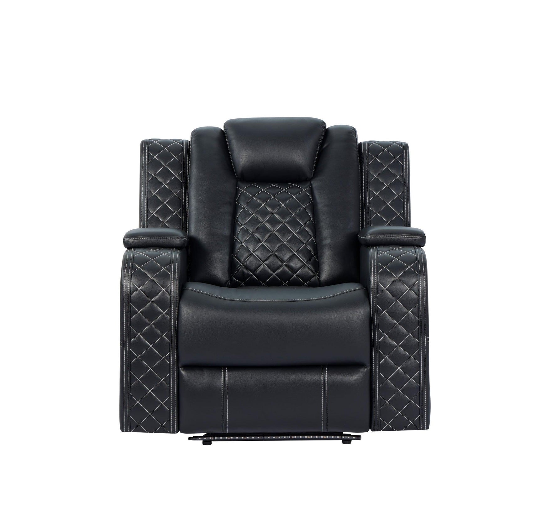 Galaxy sofa with drop-down table, power outlets, and LED lighting