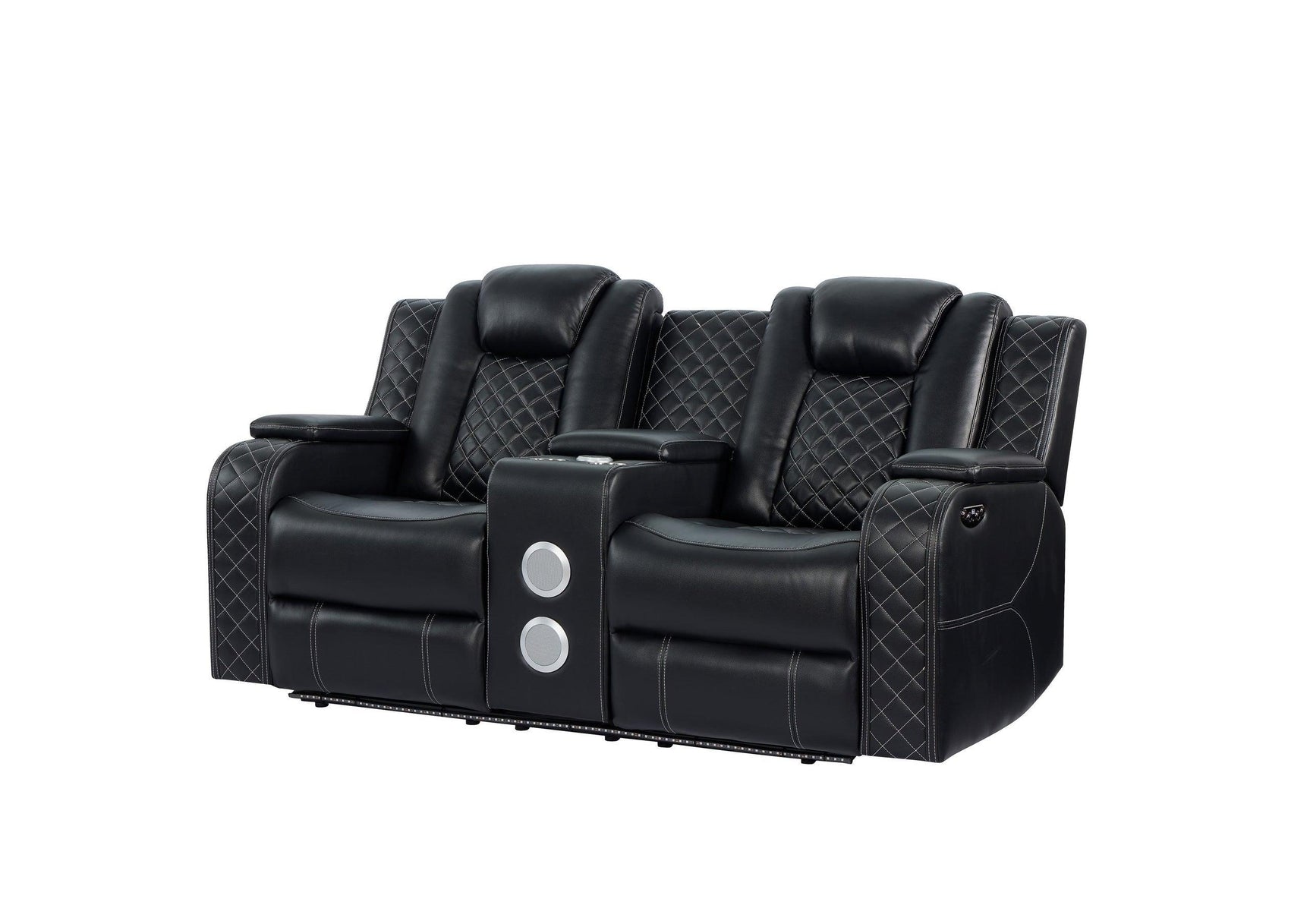 Galaxy black power recliner showing USB charging port and reclining feature