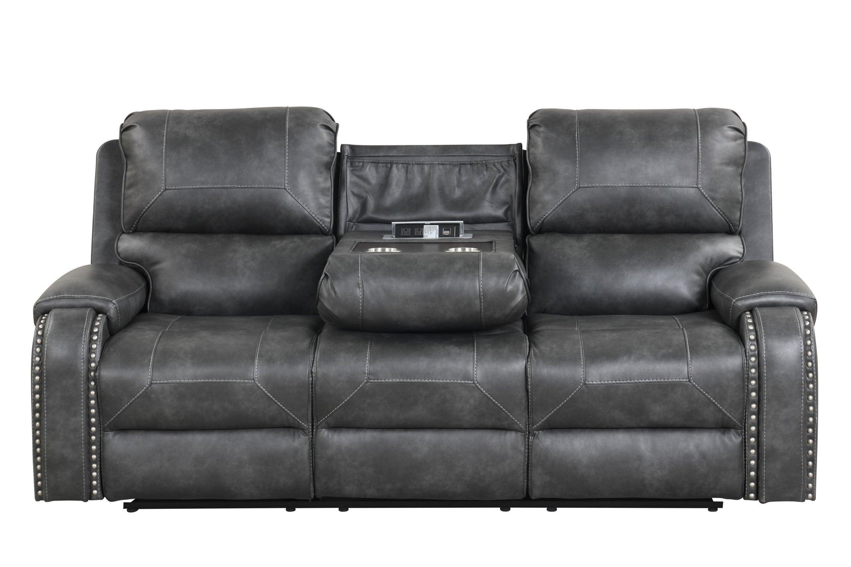 Loveseat with gliders and storage console featuring charging ports