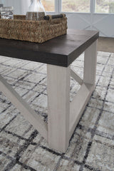 Top view of occasional tables showing gray wood replicated tops