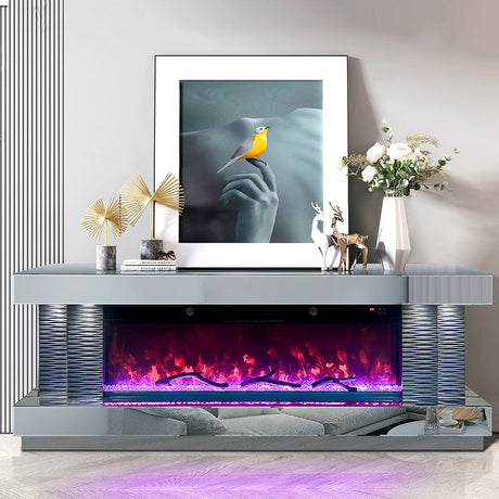 A90 TV Stand front view showing electric fireplace and glass mirror finish